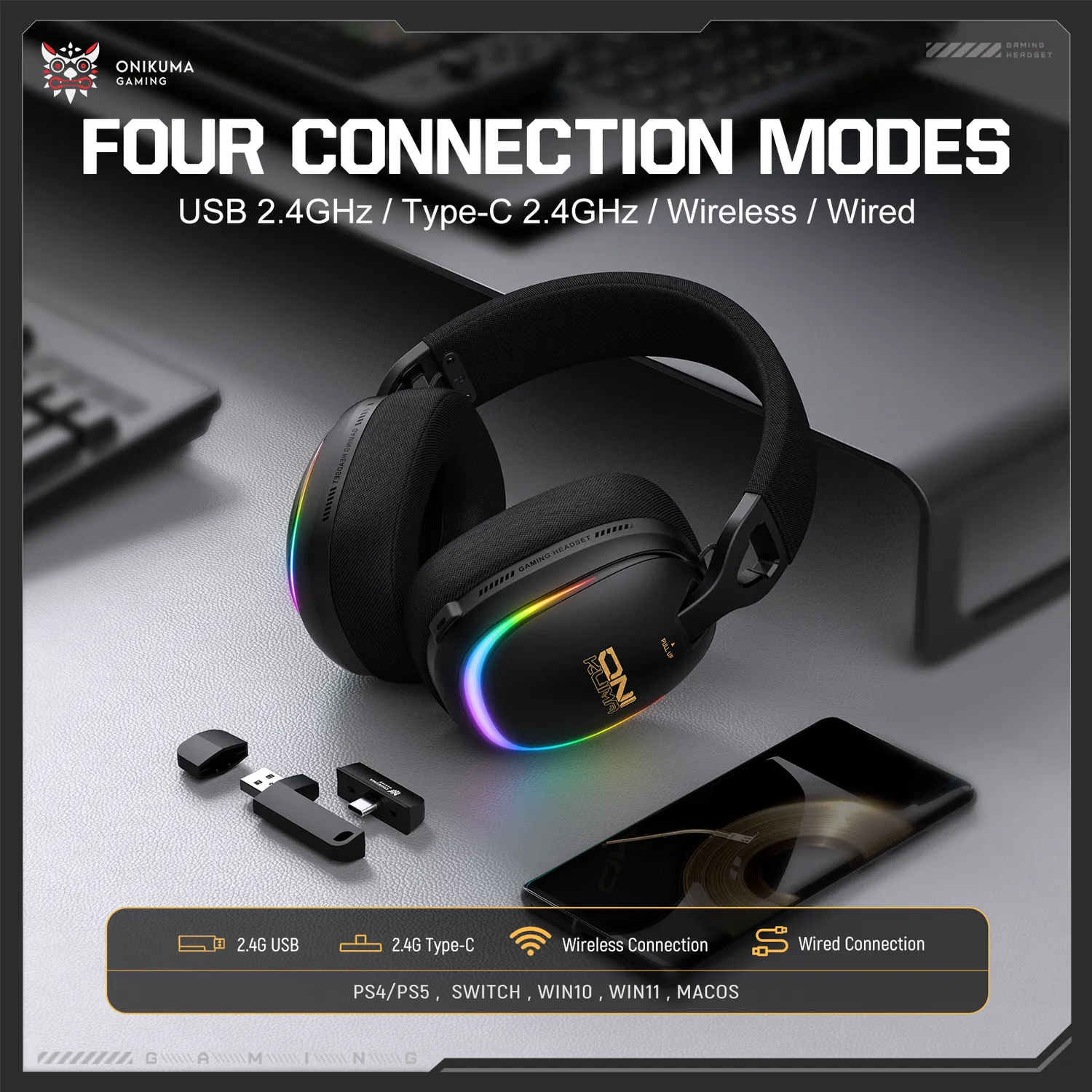 ONIKUMA GT805 gaming headset zwart draadloos low latency