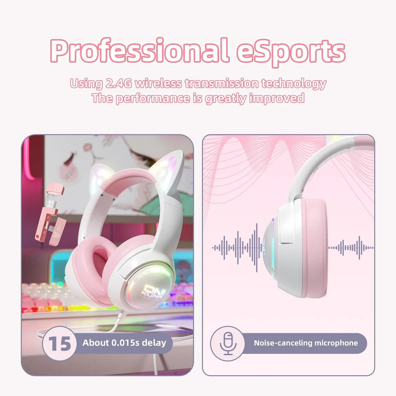 ONIKUMA GT838 gaming headset roze kattenoren draadloos