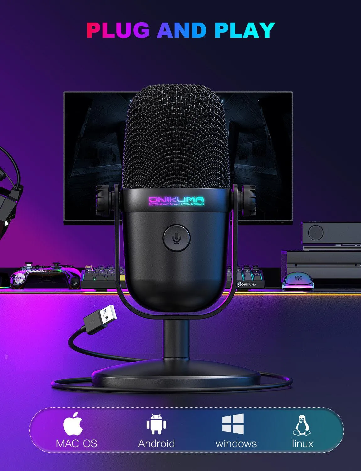 ONIKUMA M830 usb condensator microfoon zwart RGB