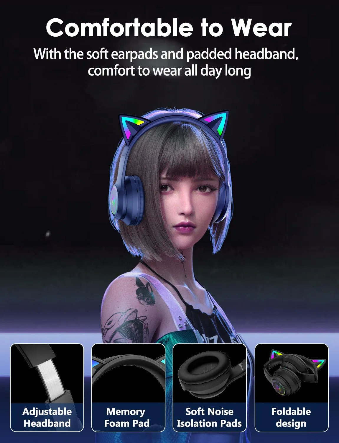 ONIKUMA B90 cat ear headset roze bluetooth