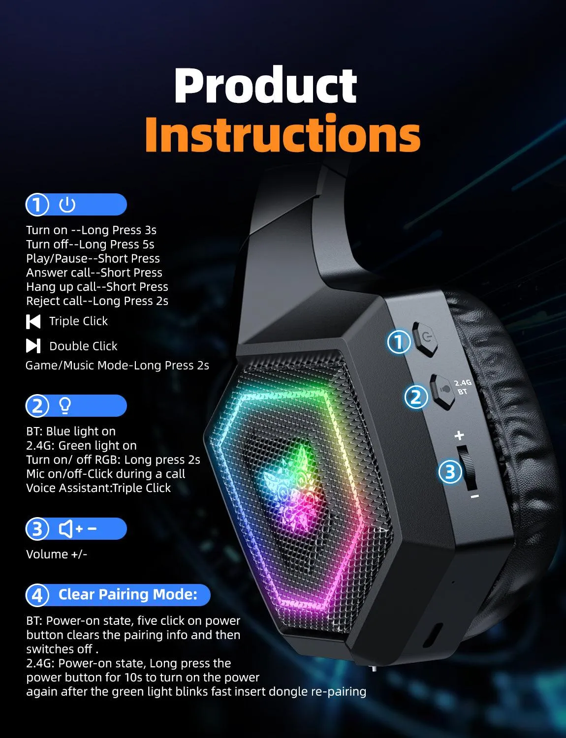 ONIKUMA GT806 draadloze gaming headset zwart 7.1