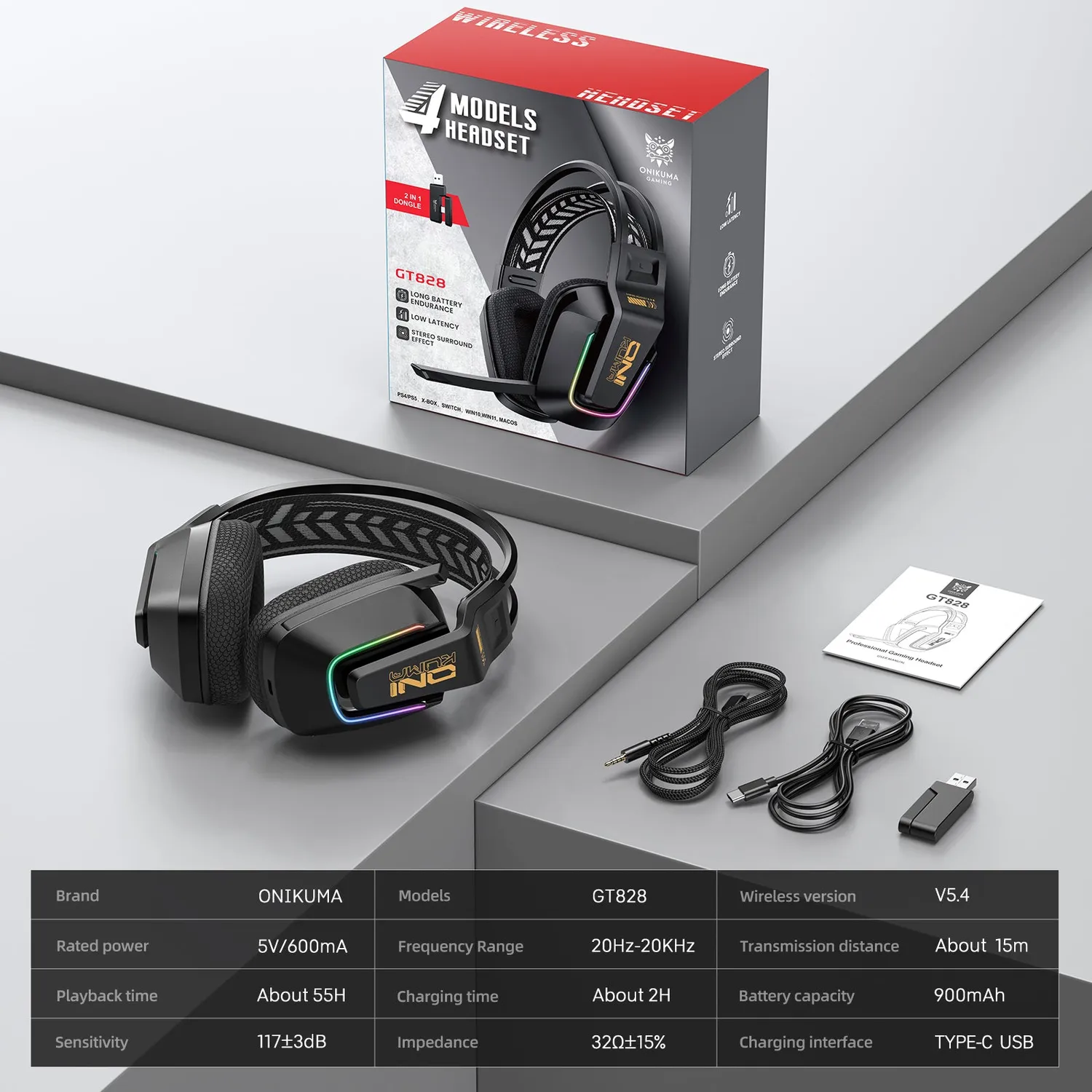 ONIKUMA GT828 gaming headset zwart draadloos 55H
